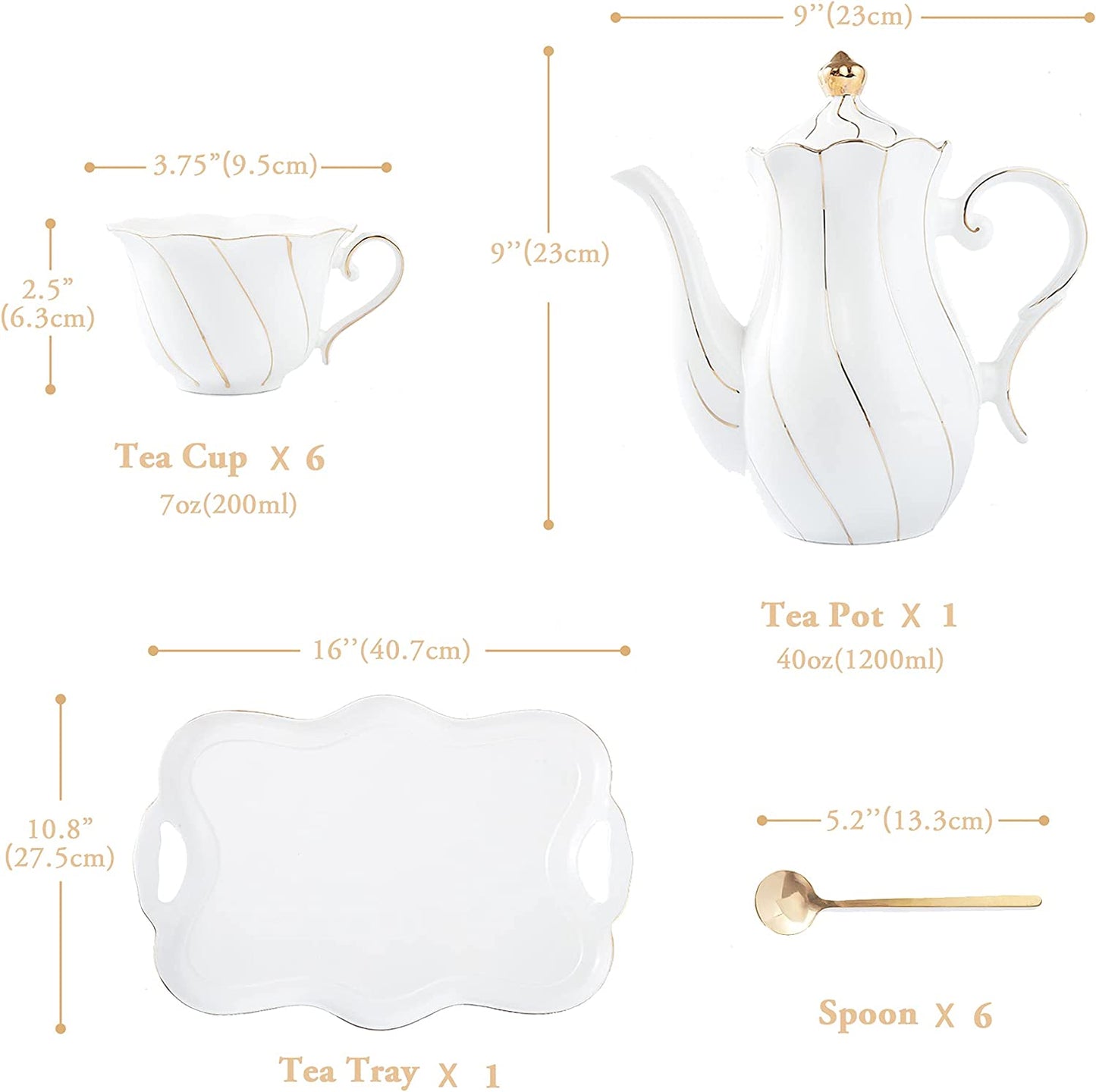 French Swirl Porcelain 14 pcs Tea Set for 6 with Tea Tray & Spoons