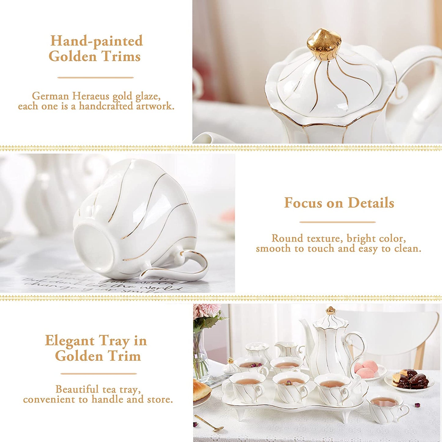 French Swirl Porcelain 14 pcs Tea Set for 6 with Tea Tray & Spoons