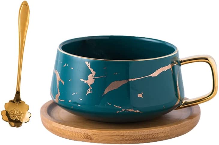 Jusalpha 10 oz Luxury Golden Hand Print Coffee Teacup with Bamboo Saucer Set Fashion Marble Pattern for Women TCS19 (White)