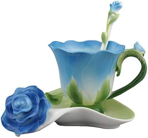 ENCOFT Ceramic Tea Cups Flower Tea Cup Set for Women with Spoon Rose Shape Design Mushroom Cup Gifts (Blue)