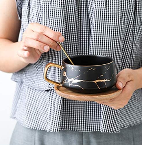 Jusalpha 10 oz Luxury Golden Hand Print Coffee Teacup with Bamboo Saucer Set Fashion Marble Pattern for Women TCS19 (White)