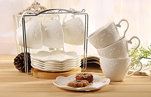 Jusalpha® White Porcelain 5OZ- Tea Cup and Saucer Coffee Cup Set with Saucer and Spoon, Set of 6 (6 Tea Cup Set With Bracket)