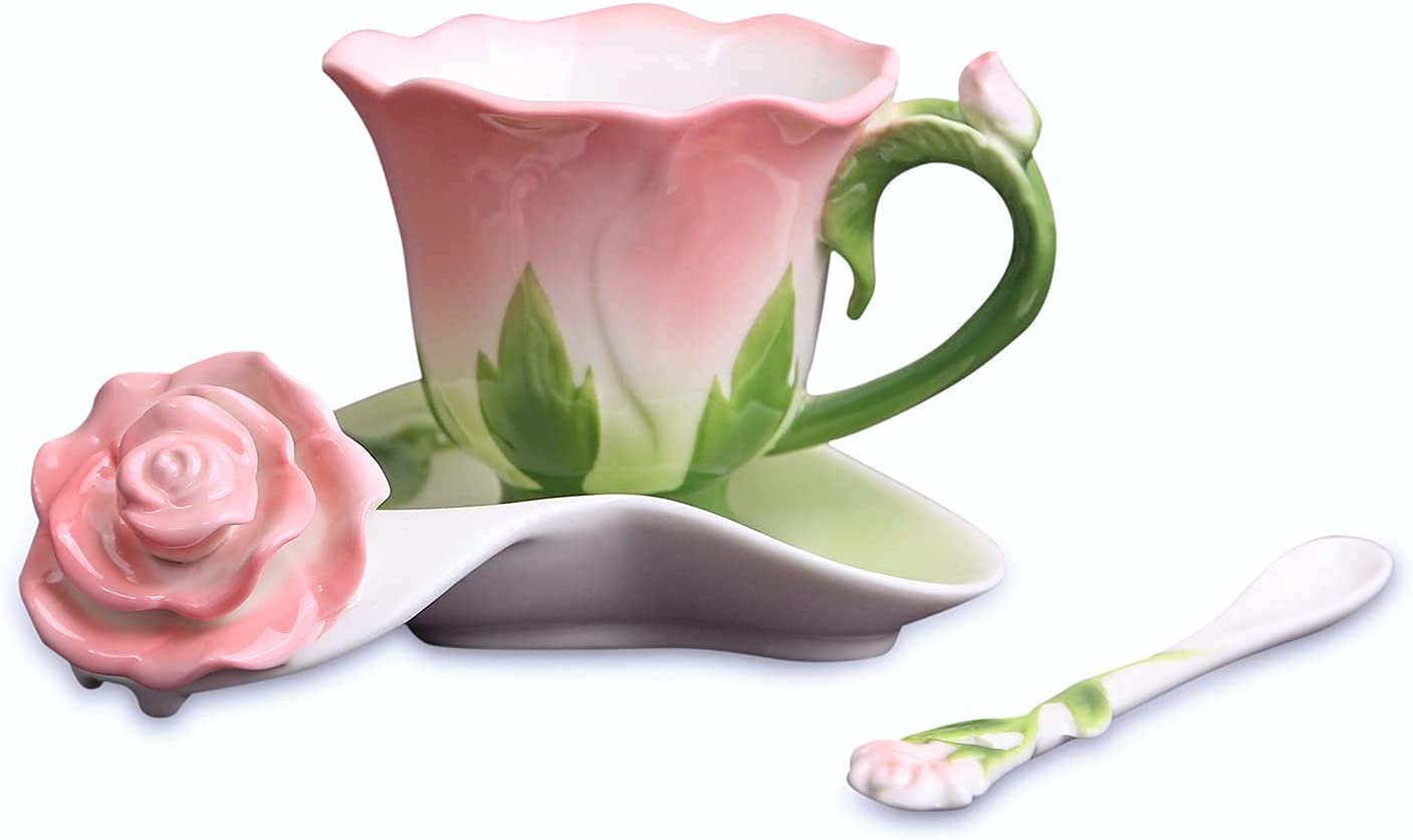 ENCOFT Ceramic Tea Cups Flower Tea Cup Set for Women with Spoon Rose Shape Design Mushroom Cup Gifts (Blue)