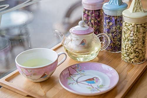 Jusalpha Glass Teapot with a Fine China Infuser Strainer, Cup and Saucer Set,Teapot and Teacup for One, Tea for one #05 (Blue)