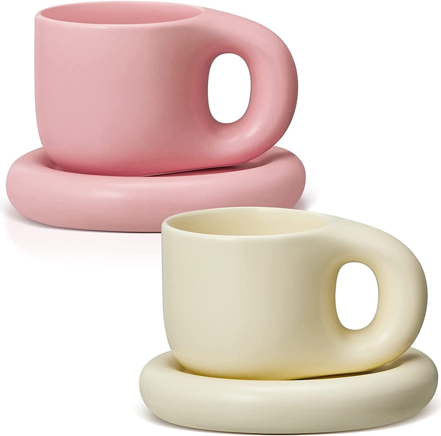 2 Pieces Ceramic Cloud Mug Cute Cup with Sunflower Coaster 7oz Cute Ceramic Coffee Mug with Saucer Set for Office Home Coffee Tea Latte Milk, Pink and Pearl White