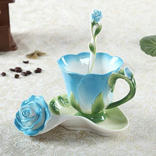 ENCOFT Ceramic Tea Cups Flower Tea Cup Set for Women with Spoon Rose Shape Design Mushroom Cup Gifts (Blue)