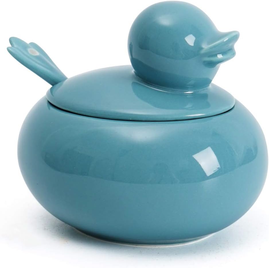 HSOFBLUES Ceramic Sugar Bowl with Spoon and Lid, Cute Duck Farmhouse Style Seasoning Salt Storage Turquoise Blue