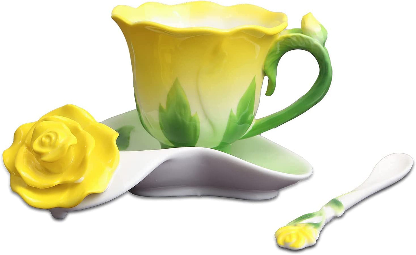 ENCOFT Ceramic Tea Cups Flower Tea Cup Set for Women with Spoon Rose Shape Design Mushroom Cup Gifts (Blue)