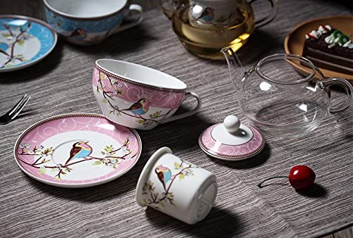 Jusalpha Glass Teapot with a Fine China Infuser Strainer, Cup and Saucer Set,Teapot and Teacup for One, Tea for one #05 (Blue)