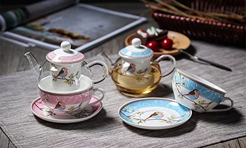 Jusalpha Glass Teapot with a Fine China Infuser Strainer, Cup and Saucer Set,Teapot and Teacup for One, Tea for one #05 (Blue)