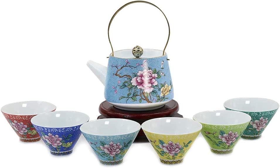 Dahlia Prosperity Peony Exquisite Filigree Porcelain Gongfu Tea Set (Teapot + 6 Teacups) Light Blue