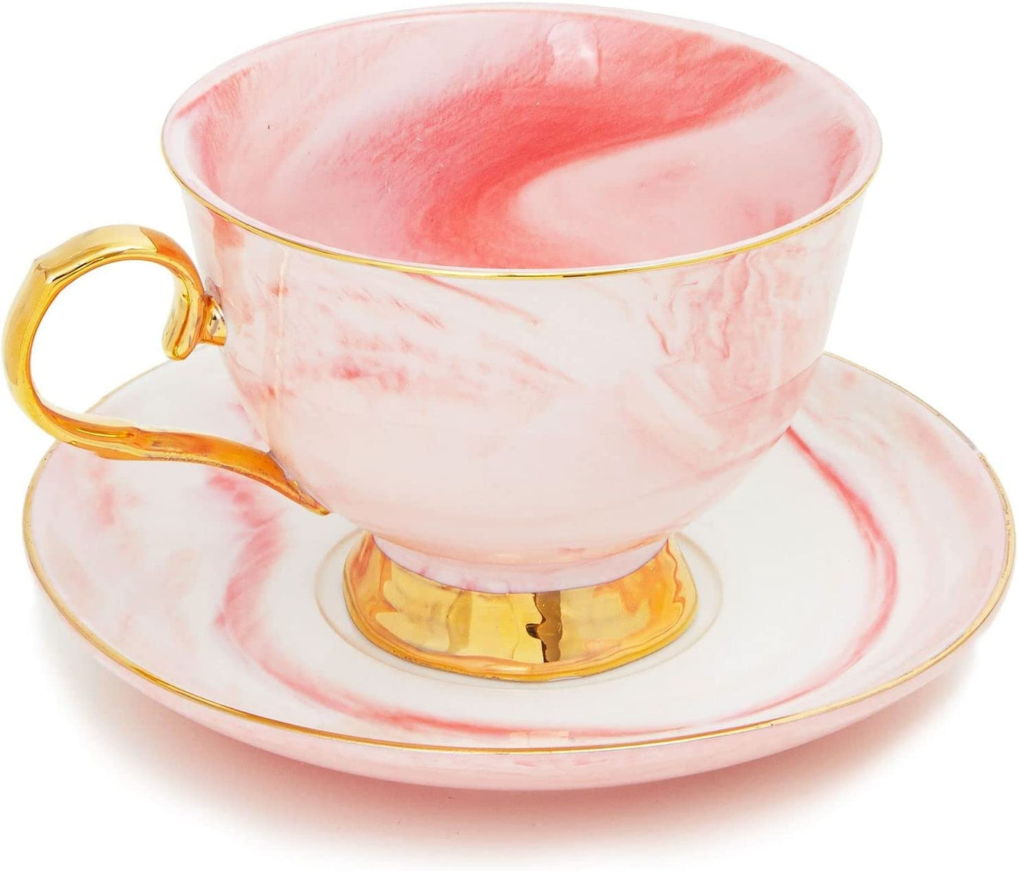 3-Piece Blue Marble Tea Cup and Saucer Gift Set for 1, 7 oz Teacup with Gold Spoon