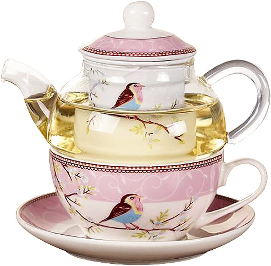 Jusalpha Glass Teapot with a Fine China Infuser Strainer, Cup and Saucer Set,Teapot and Teacup for One, Tea for one #05 (Blue)