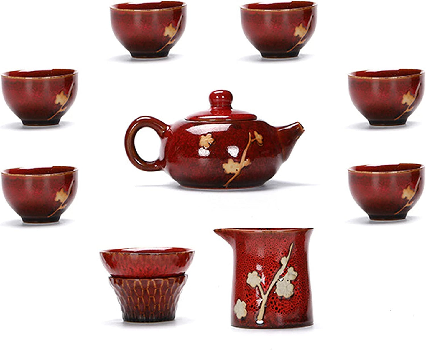 Chinese Plum Blossom 6 Cup Tea Set Kiln Glazed Dark Porcelain