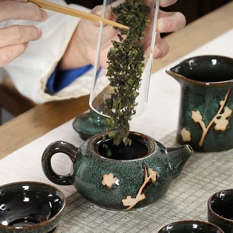 Chinese Plum Blossom 6 Cup Tea Set Kiln Glazed Dark Porcelain