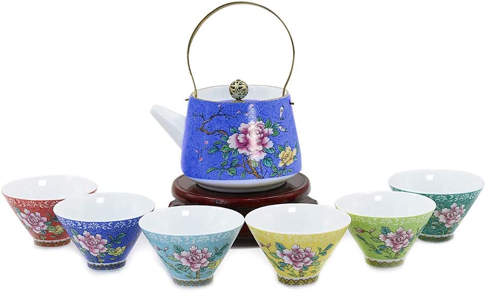 Dahlia Prosperity Peony Exquisite Filigree Porcelain Gongfu Tea Set (Teapot + 6 Teacups) Light Blue