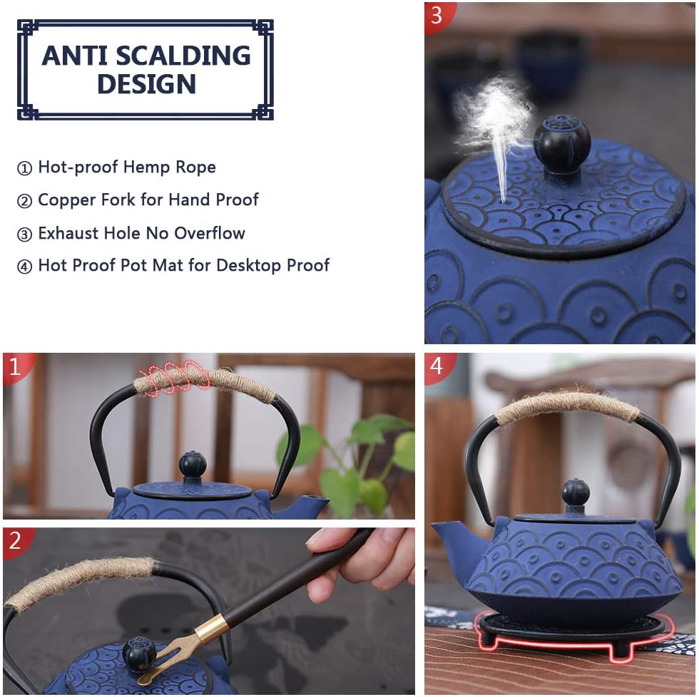 COOGOU Japanese Style Cast Iron Teapot Set with 4 Tea Cups Iron Tea Kettle with Infuser Hemp Rope Trivet Asian Gift for Adults Parents (Fish Scale Pattern, Blue,Anti Rust)