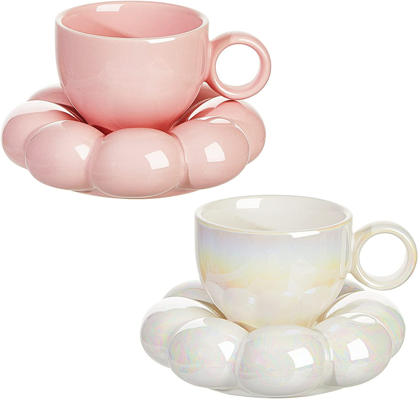2 Pieces Ceramic Cloud Mug Cute Cup with Sunflower Coaster 7oz Cute Ceramic Coffee Mug with Saucer Set for Office Home Coffee Tea Latte Milk, Pink and Pearl White