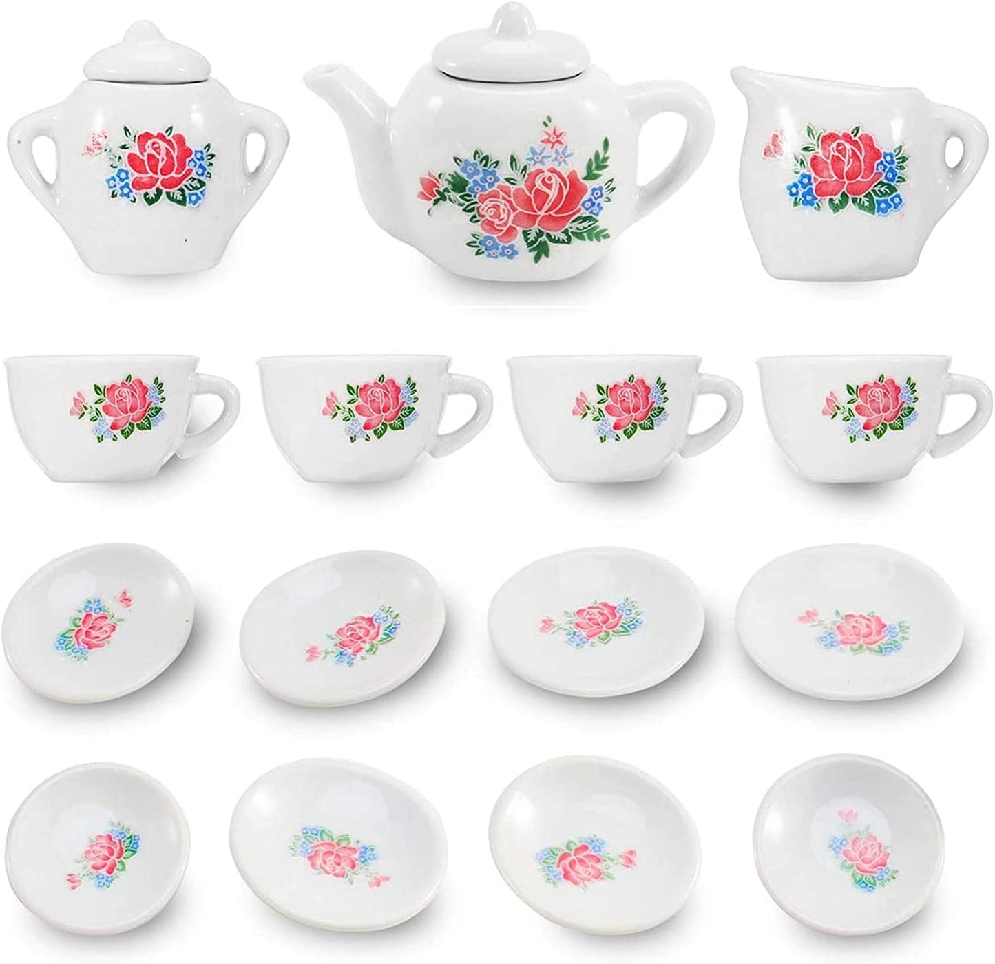 17 Piece Rose Flower Miniature Porcelain Ceramic Tea Set