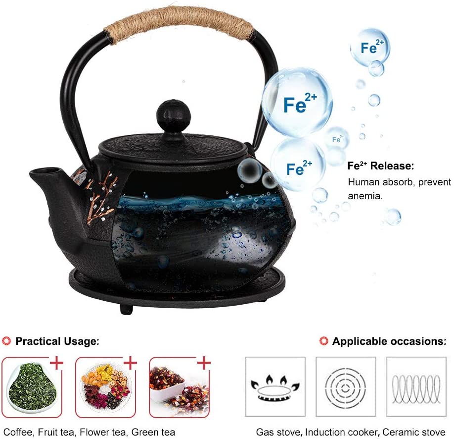 COOGOU Japanese Style Cast Iron Teapot Set with 4 Tea Cups Iron Tea Kettle with Infuser Hemp Rope Trivet Asian Gift for Adults Parents (Fish Scale Pattern, Blue,Anti Rust)