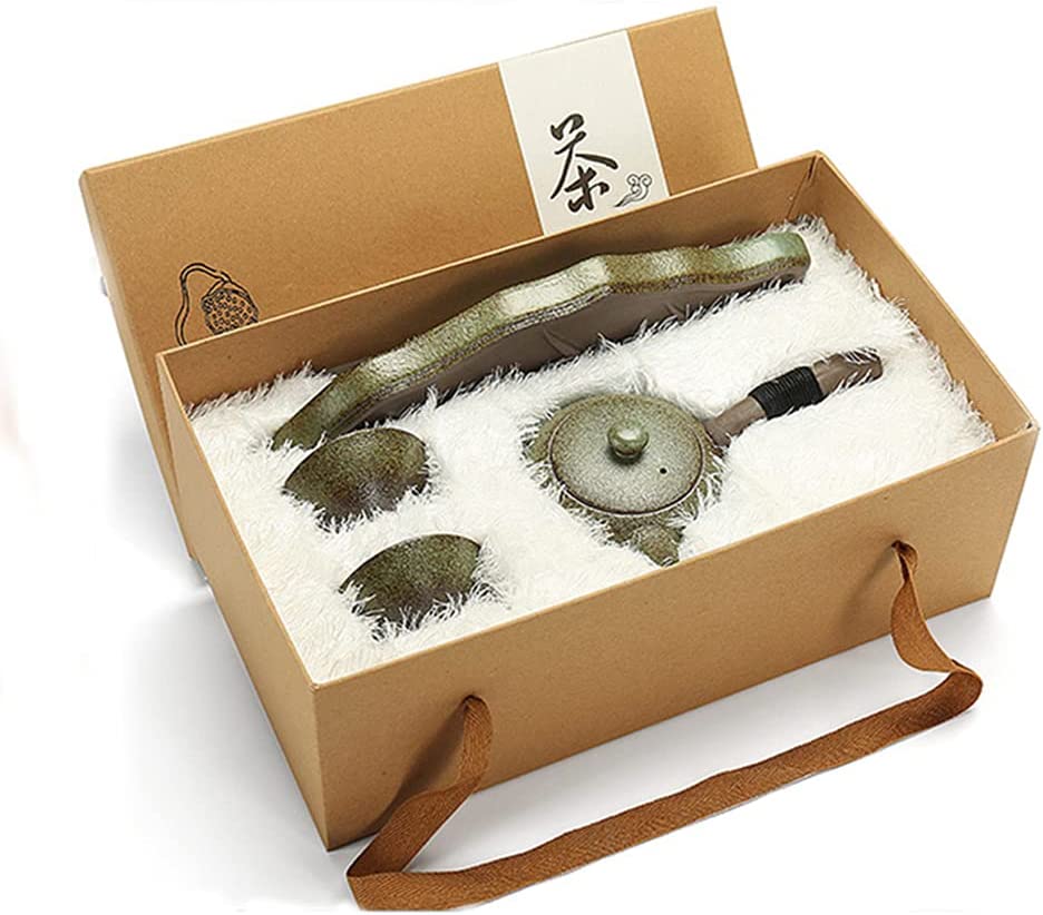 Japanese Coarse Pottery Green Tea Set With Leaf Tray And 2 Tea Cups, Gift Box. 日本茶セット