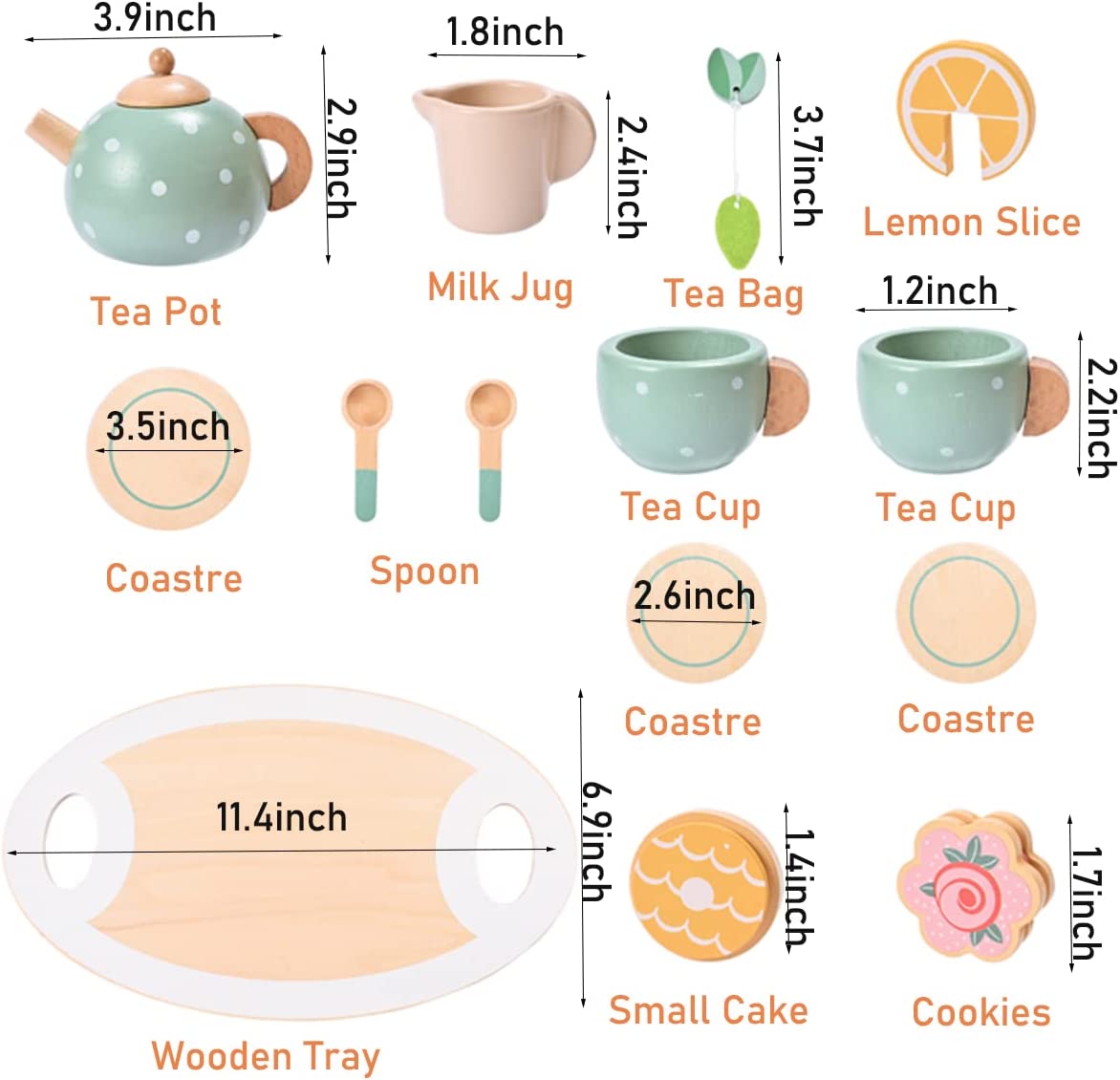 15pcs Wooden Tea Set for Little Girls
