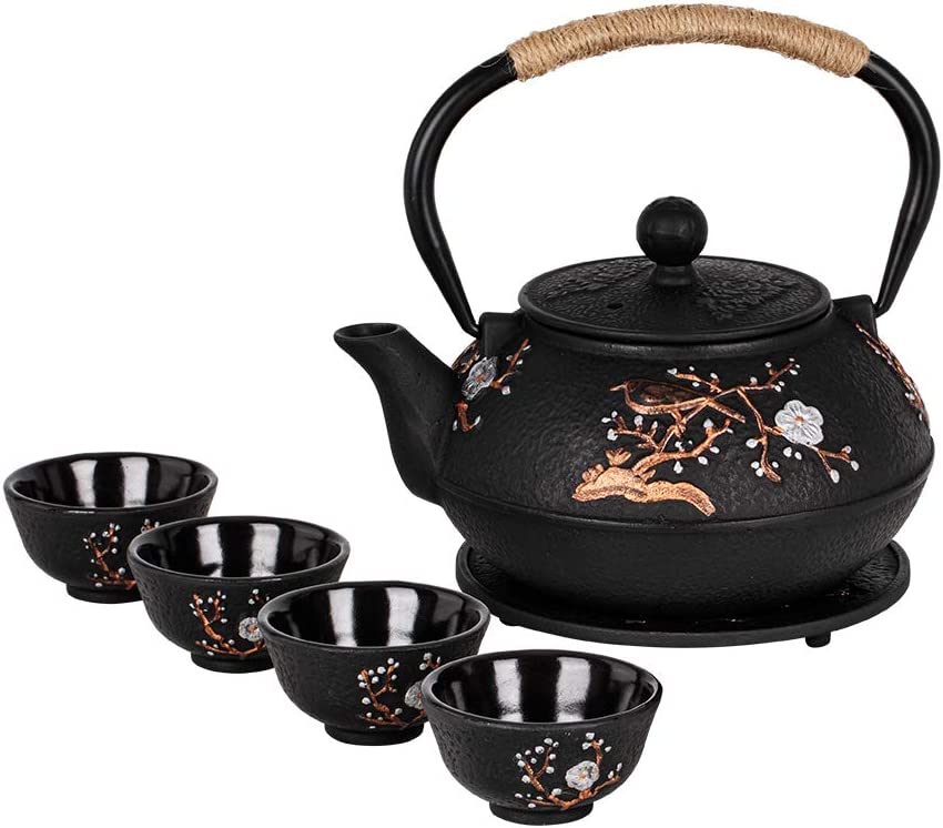COOGOU Japanese Style Cast Iron Teapot Set with 4 Tea Cups Iron Tea Kettle with Infuser Hemp Rope Trivet Asian Gift for Adults Parents (Fish Scale Pattern, Blue,Anti Rust)