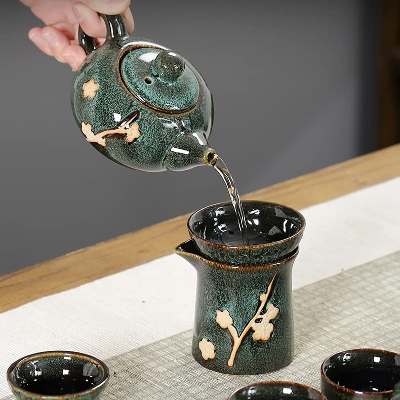 Chinese Plum Blossom 6 Cup Tea Set Kiln Glazed Dark Porcelain