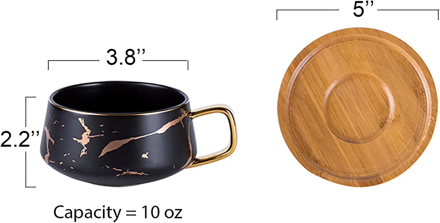 Jusalpha 10 oz Luxury Golden Hand Print Coffee Teacup with Bamboo Saucer Set Fashion Marble Pattern for Women TCS19 (White)