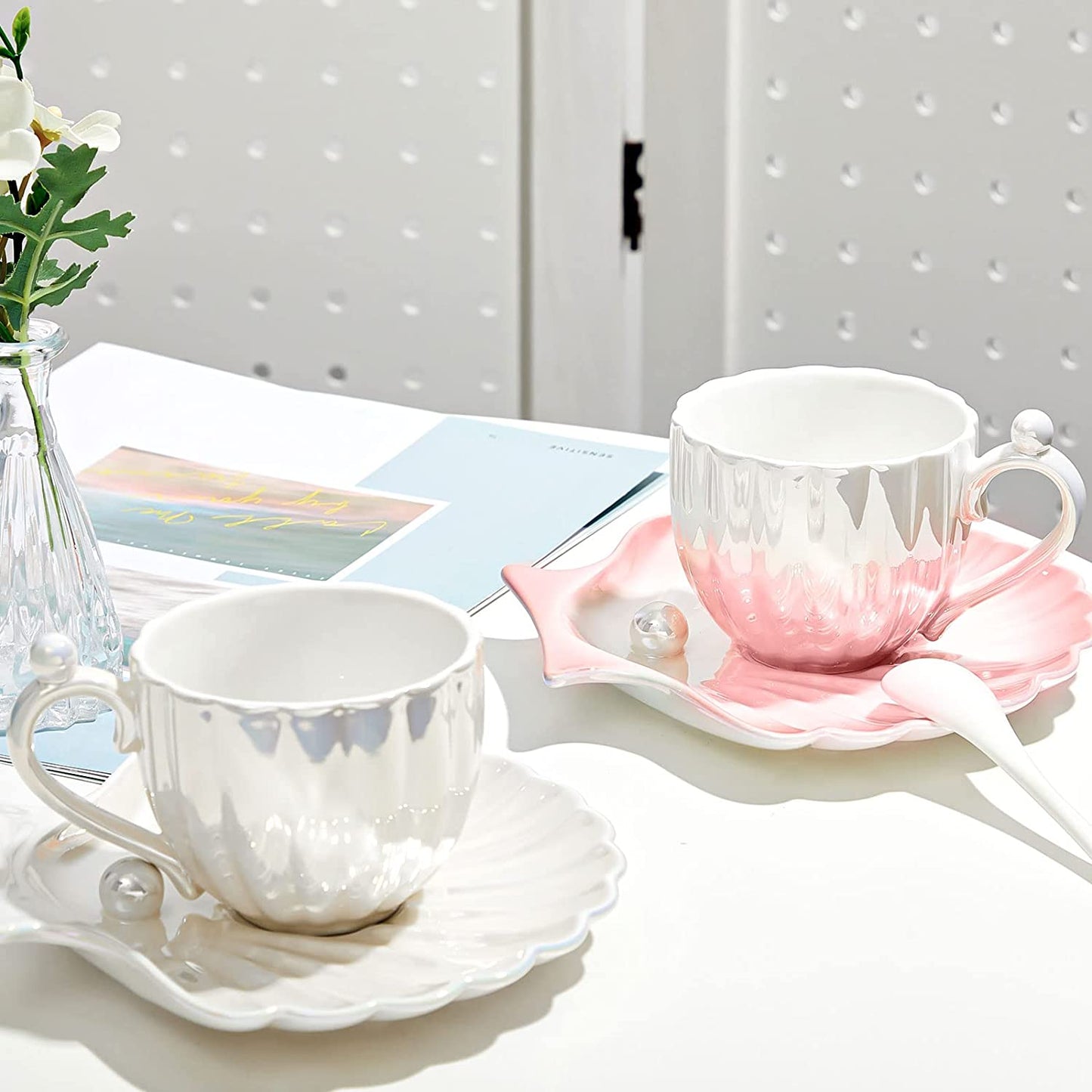 2 Pieces Ceramic Cloud Mug Cute Cup with Sunflower Coaster 7oz Cute Ceramic Coffee Mug with Saucer Set for Office Home Coffee Tea Latte Milk, Pink and Pearl White