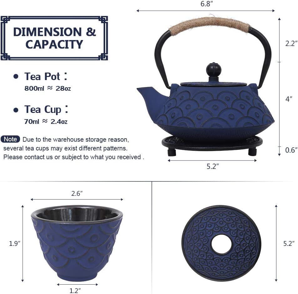 COOGOU Japanese Style Cast Iron Teapot Set with 4 Tea Cups Iron Tea Kettle with Infuser Hemp Rope Trivet Asian Gift for Adults Parents (Fish Scale Pattern, Blue,Anti Rust)