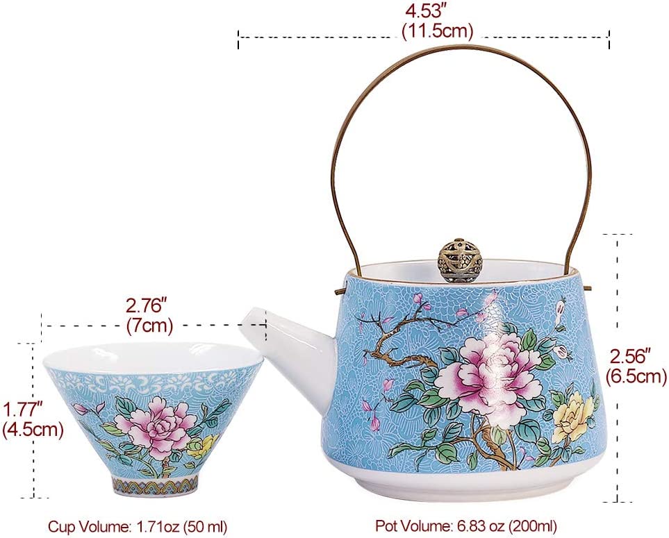 Dahlia Prosperity Peony Exquisite Filigree Porcelain Gongfu Tea Set (Teapot + 6 Teacups) Light Blue