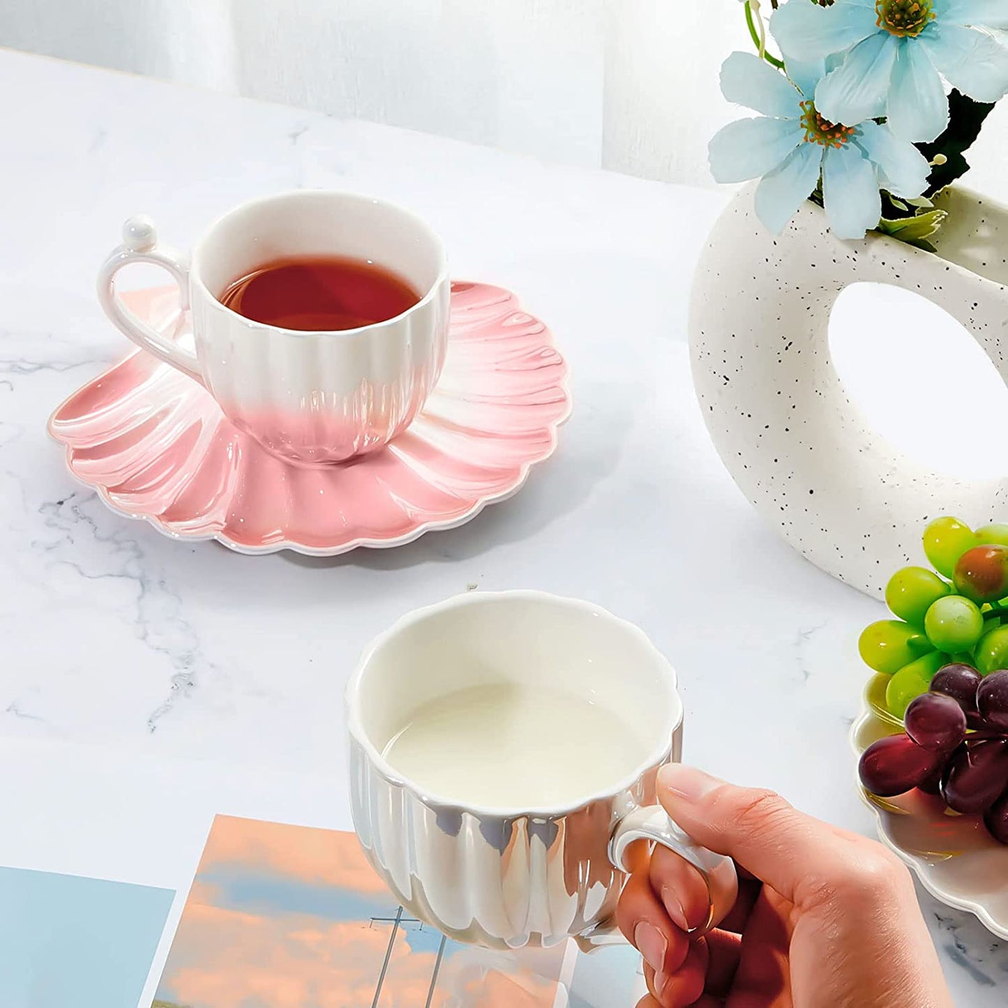 2 Pieces Ceramic Cloud Mug Cute Cup with Sunflower Coaster 7oz Cute Ceramic Coffee Mug with Saucer Set for Office Home Coffee Tea Latte Milk, Pink and Pearl White