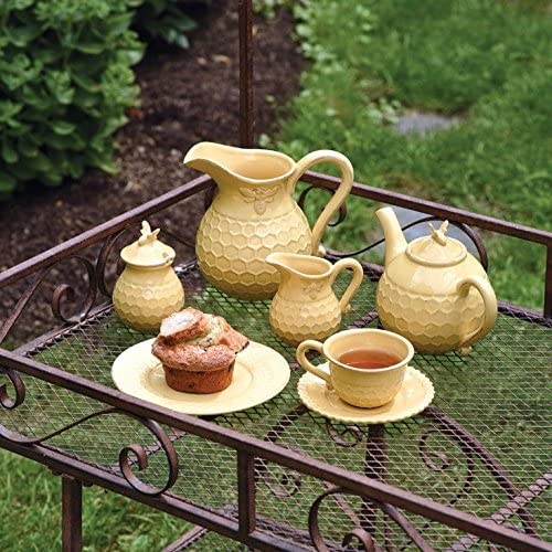 Boston International Embossed Stoneware Teacup and Saucer Set, 8-Ounces, Honeycomb