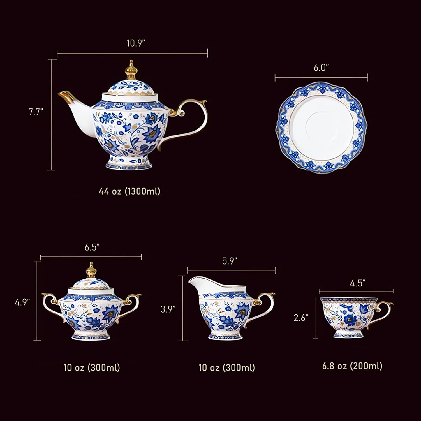 ACMLIFE Bone China Tea Set for 6 Adults, 21 Piece Blue and White Porcelain Tea Set, Vintage Floral Tea Sets for Women Tea Party or Gift Giving