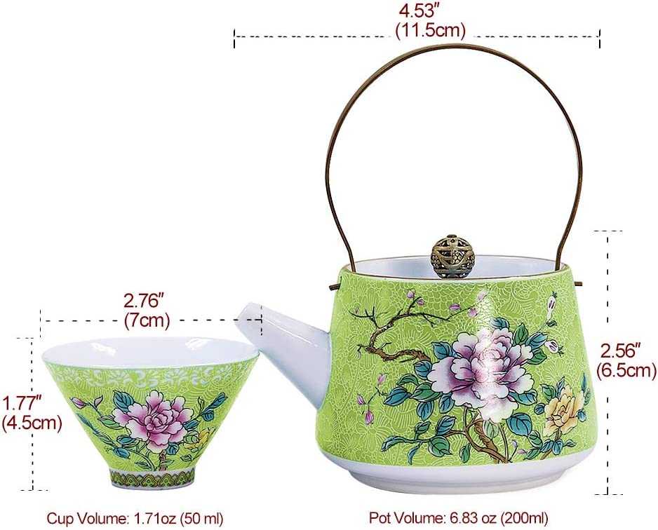 Dahlia Prosperity Peony Exquisite Filigree Porcelain Gongfu Tea Set (Teapot + 6 Teacups) Light Blue
