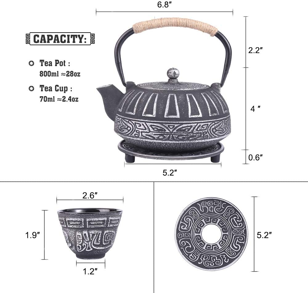 COOGOU Japanese Style Cast Iron Teapot Set with 4 Tea Cups Iron Tea Kettle with Infuser Hemp Rope Trivet Asian Gift for Adults Parents (Fish Scale Pattern, Blue,Anti Rust)