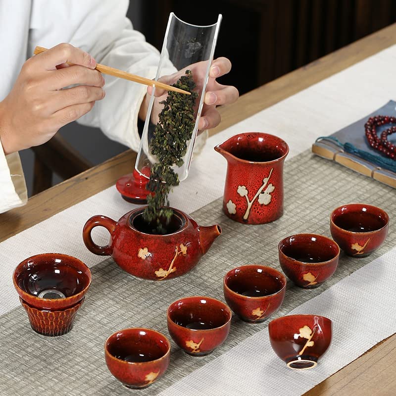 Chinese Plum Blossom 6 Cup Tea Set Kiln Glazed Dark Porcelain