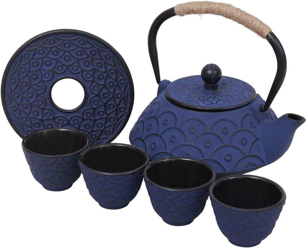 COOGOU Japanese Style Cast Iron Teapot Set with 4 Tea Cups Iron Tea Kettle with Infuser Hemp Rope Trivet Asian Gift for Adults Parents (Fish Scale Pattern, Blue,Anti Rust)