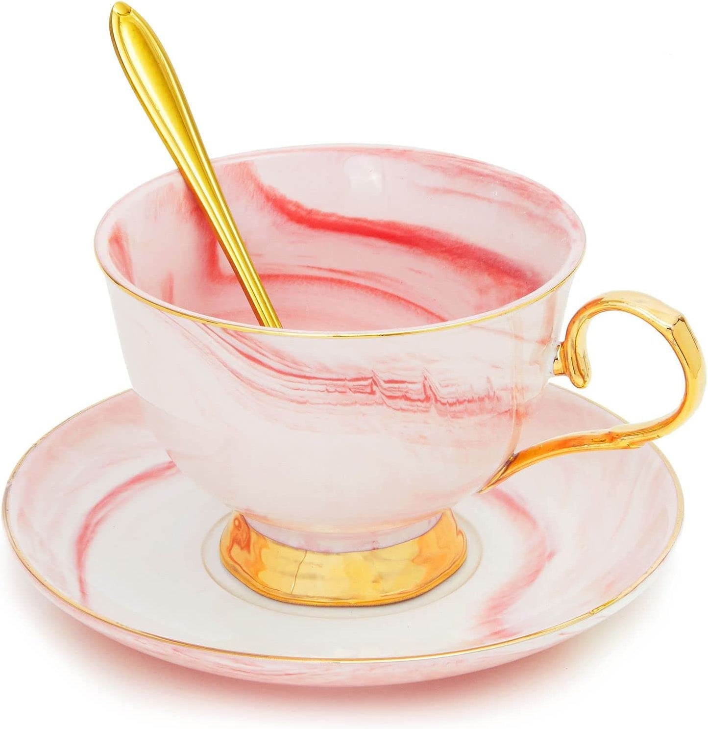 3-Piece Blue Marble Tea Cup and Saucer Gift Set for 1, 7 oz Teacup with Gold Spoon
