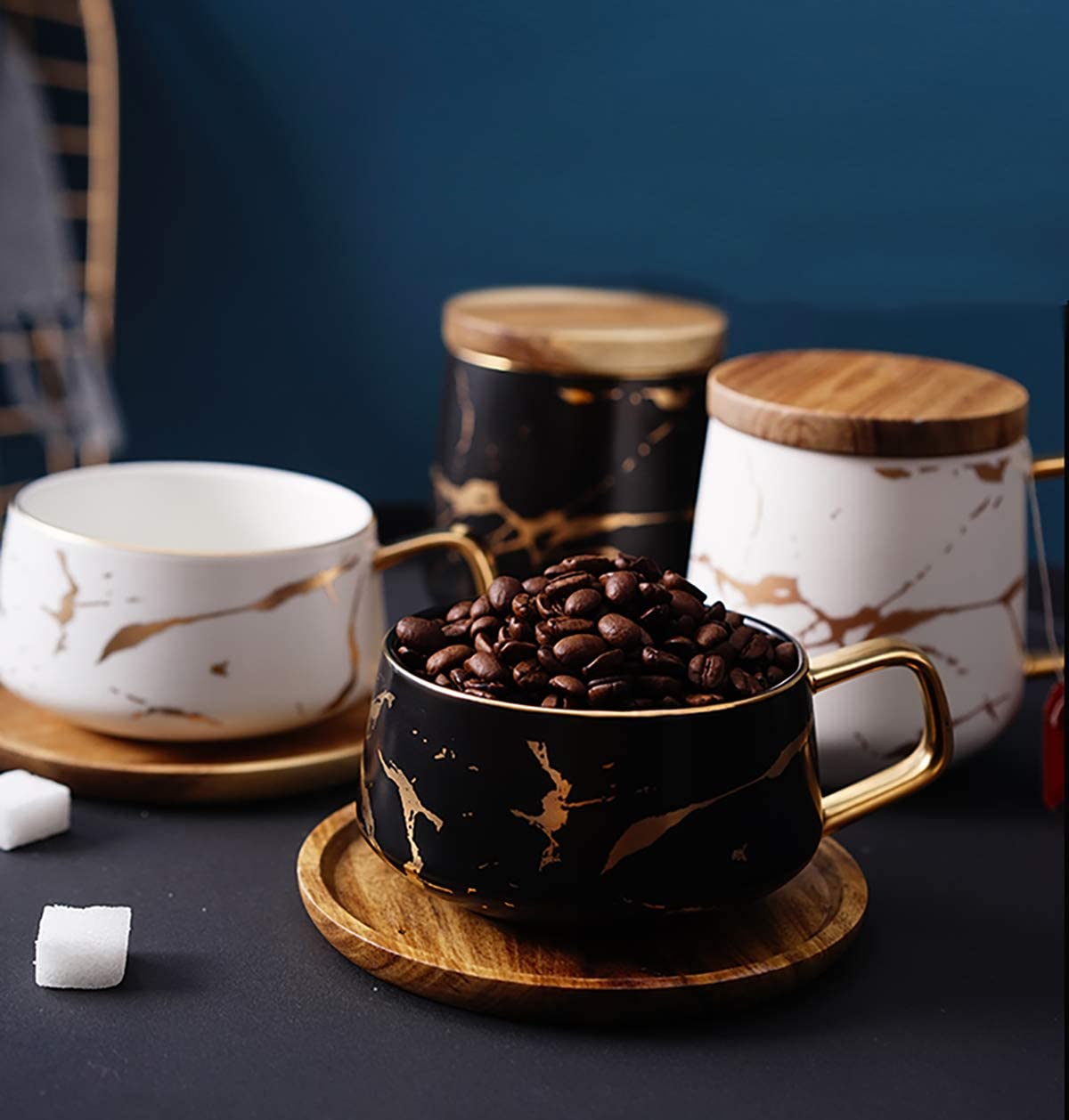 Jusalpha 10 oz Luxury Golden Hand Print Coffee Teacup with Bamboo Saucer Set Fashion Marble Pattern for Women TCS19 (White)
