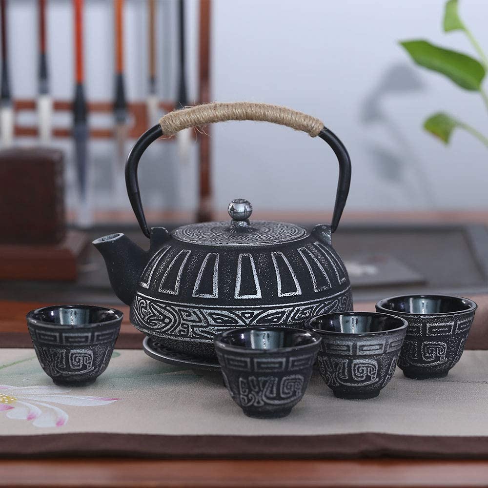 COOGOU Japanese Style Cast Iron Teapot Set with 4 Tea Cups Iron Tea Kettle with Infuser Hemp Rope Trivet Asian Gift for Adults Parents (Fish Scale Pattern, Blue,Anti Rust)