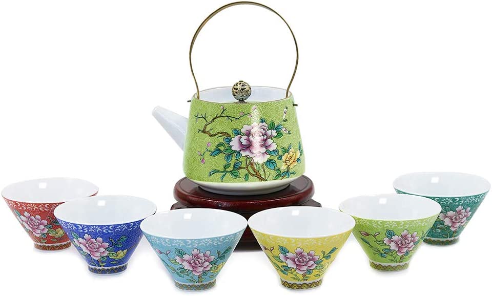 Dahlia Prosperity Peony Exquisite Filigree Porcelain Gongfu Tea Set (Teapot + 6 Teacups) Light Blue