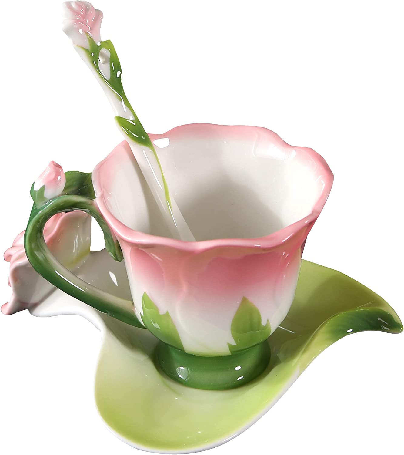 ENCOFT Ceramic Tea Cups Flower Tea Cup Set for Women with Spoon Rose Shape Design Mushroom Cup Gifts (Blue)