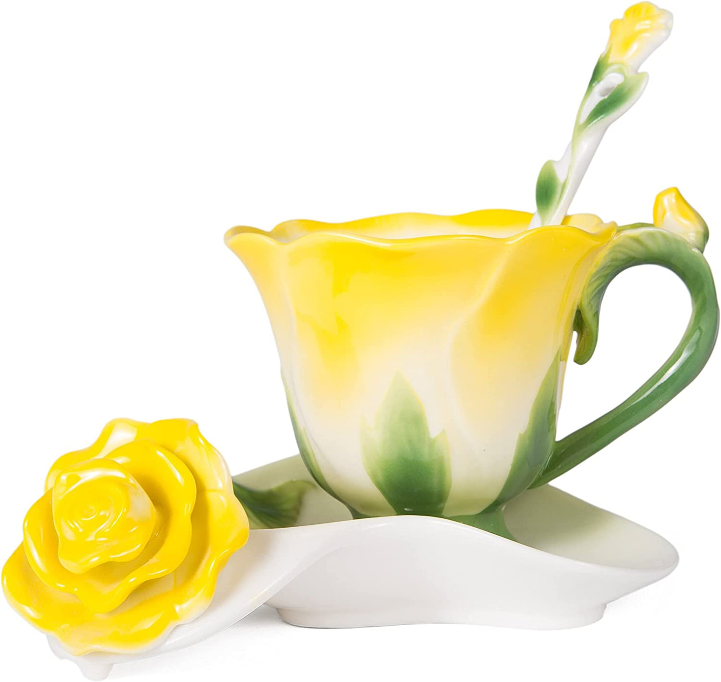 ENCOFT Ceramic Tea Cups Flower Tea Cup Set for Women with Spoon Rose Shape Design Mushroom Cup Gifts (Blue)