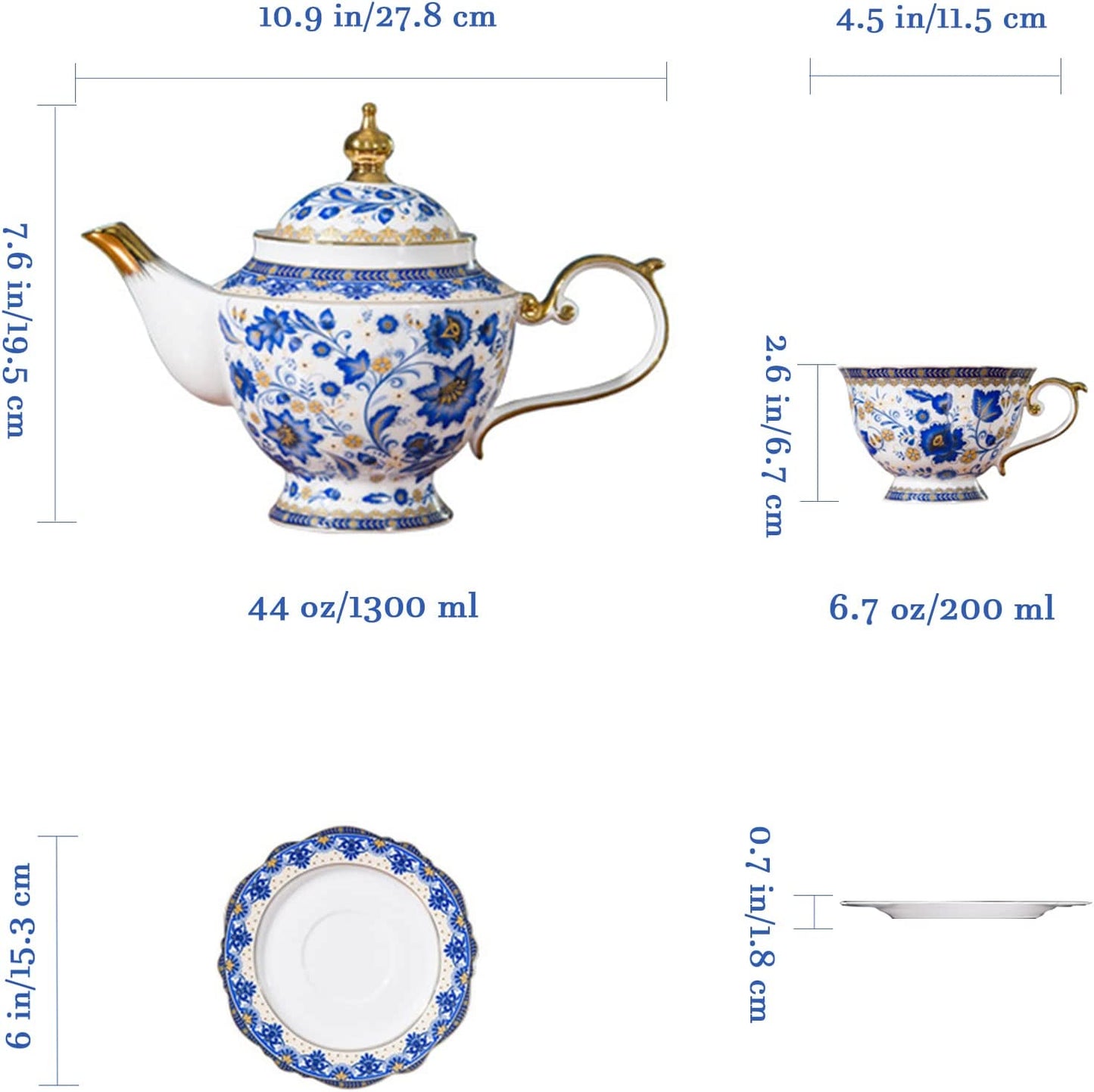 ACMLIFE Bone China Tea Set for 6 Adults, 21 Piece Blue and White Porcelain Tea Set, Vintage Floral Tea Sets for Women Tea Party or Gift Giving