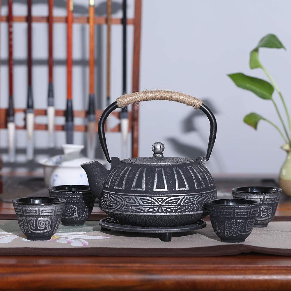 COOGOU Japanese Style Cast Iron Teapot Set with 4 Tea Cups Iron Tea Kettle with Infuser Hemp Rope Trivet Asian Gift for Adults Parents (Fish Scale Pattern, Blue,Anti Rust)