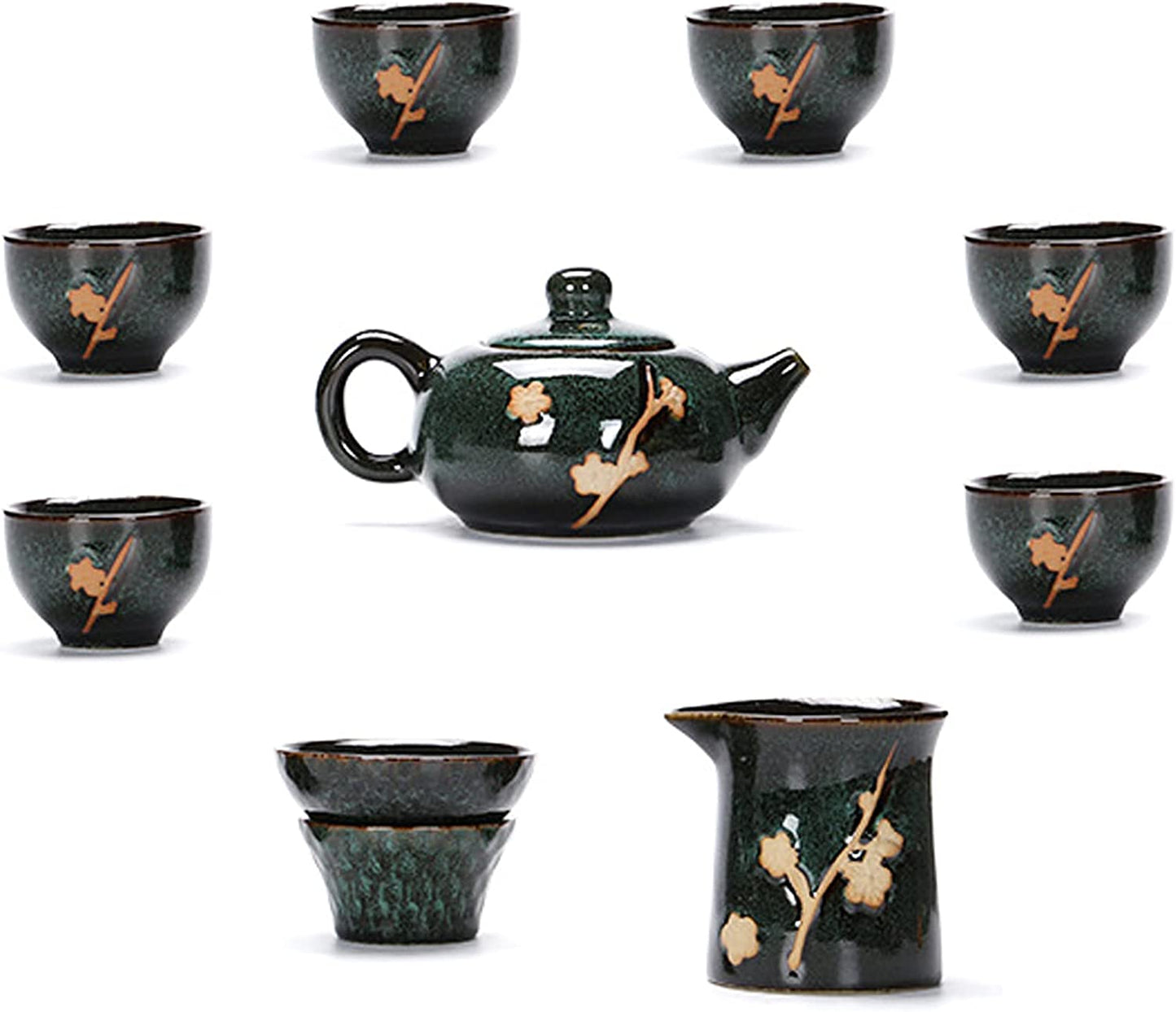 Chinese Plum Blossom 6 Cup Tea Set Kiln Glazed Dark Porcelain