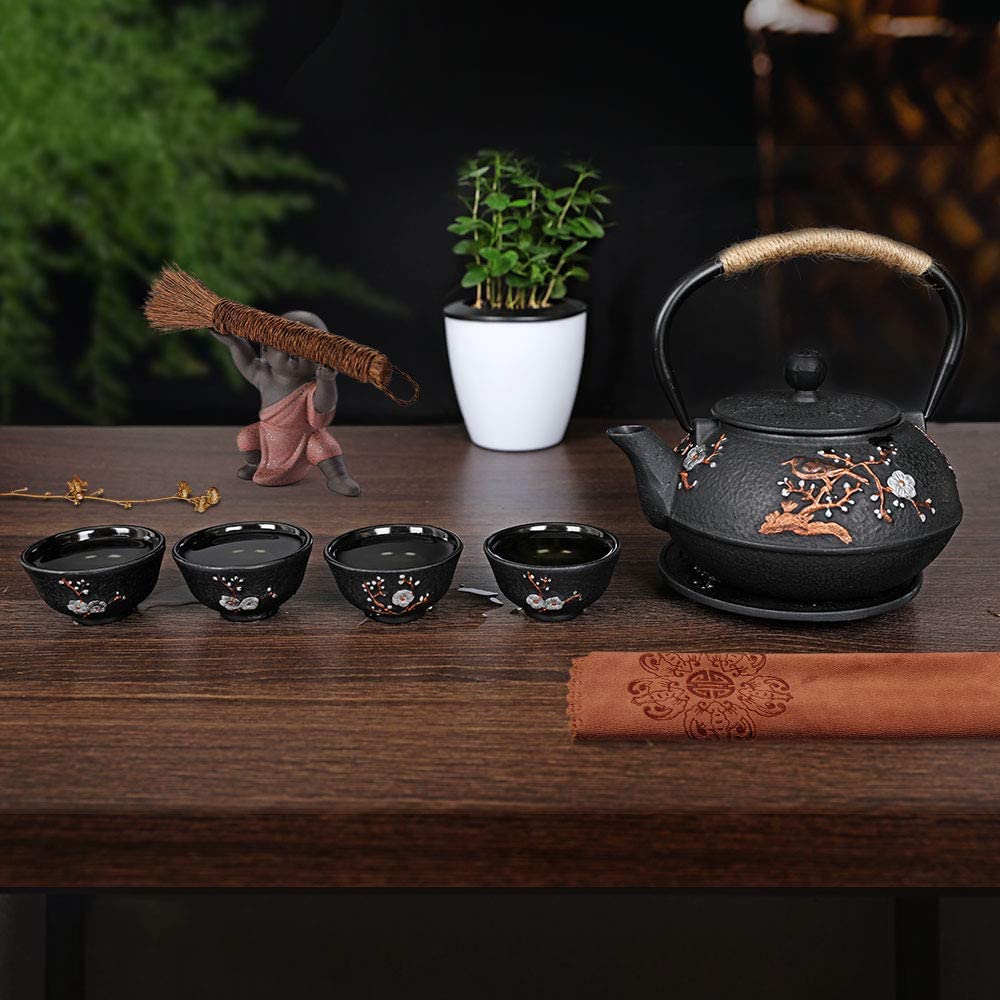 COOGOU Japanese Style Cast Iron Teapot Set with 4 Tea Cups Iron Tea Kettle with Infuser Hemp Rope Trivet Asian Gift for Adults Parents (Fish Scale Pattern, Blue,Anti Rust)