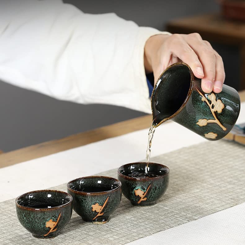 Chinese Plum Blossom 6 Cup Tea Set Kiln Glazed Dark Porcelain
